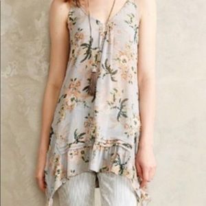 Anthro MAEVE Floral Sheer Sleeveless Tunic Gray Peach Ruffle Size Small